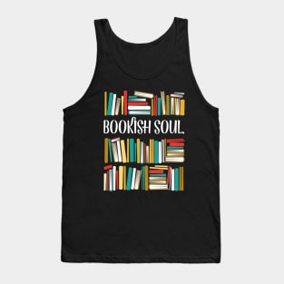 Bookish soul // black bookshelf background yellow neon red white and teal books Tank Top